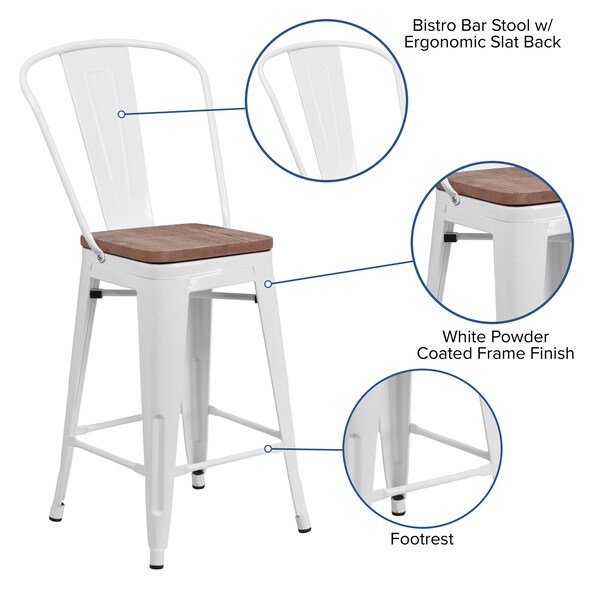 Flash Furniture White Metal Counter Stool, 24" - 4-CH-31320-24GB-WH-WD-GG