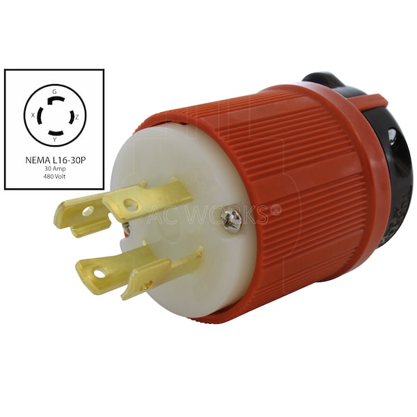 Ac Works NEMA L16-30P 3-Phase 30A 480V 4-Prong Locking Male Plug with UL, C-UL Approval in Orange - ASL1630P