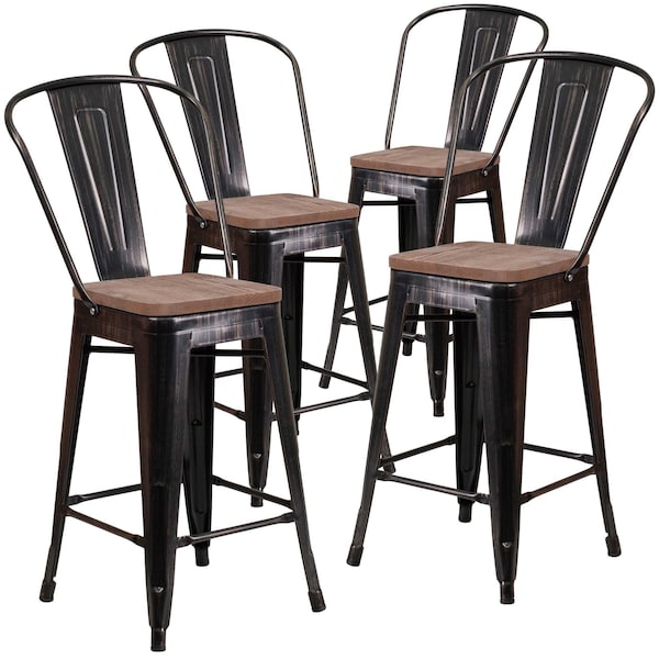 Flash Furniture Black-Antique Metal Stool, 24" - 4-CH-31320-24GB-BQ-WD-GG