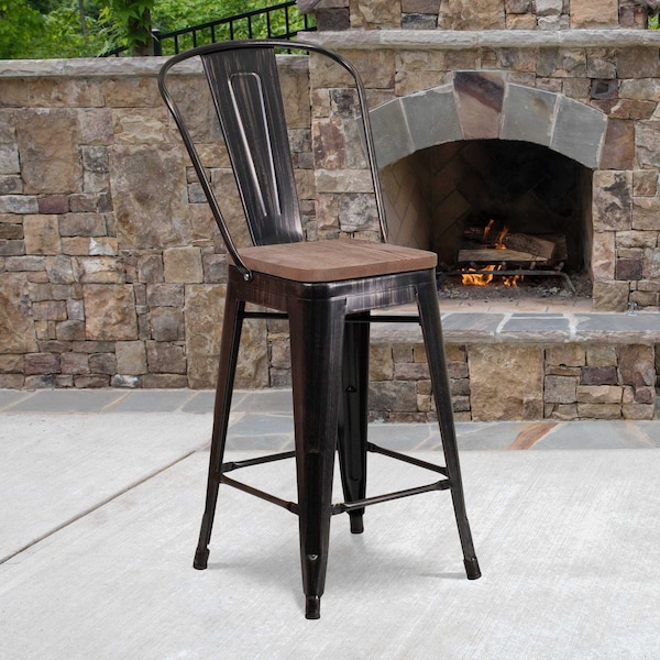 Flash Furniture Black-Antique Metal Stool, 24" - 4-CH-31320-24GB-BQ-WD-GG