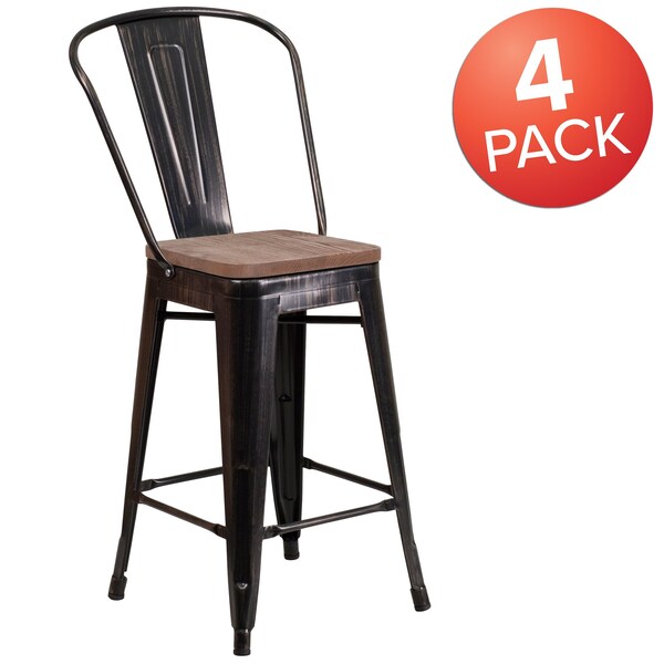 Flash Furniture Black-Antique Metal Stool, 24" - 4-CH-31320-24GB-BQ-WD-GG