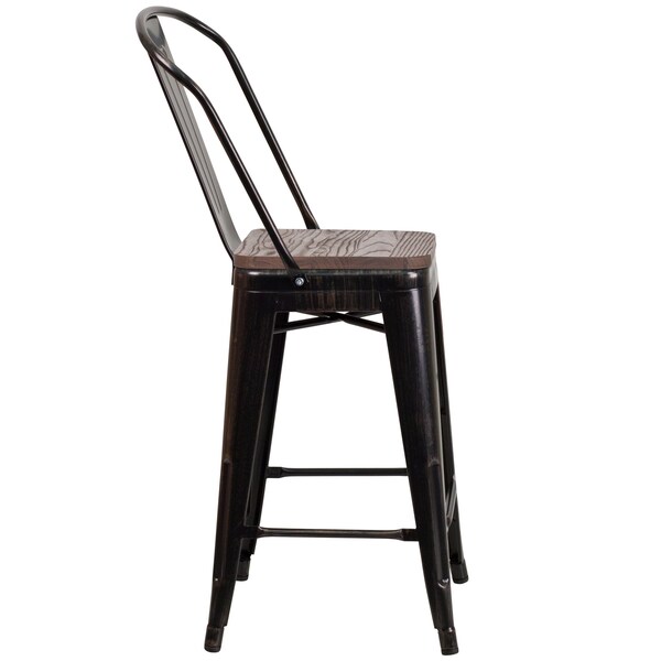 Flash Furniture Black-Antique Metal Stool, 24" - 4-CH-31320-24GB-BQ-WD-GG