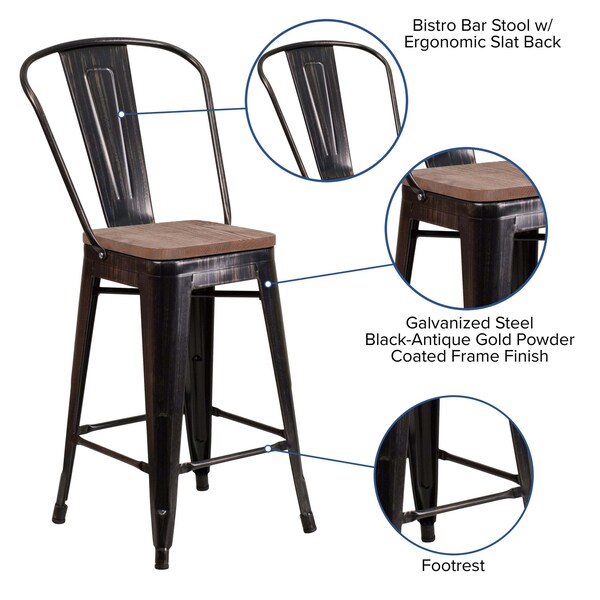 Flash Furniture Black-Antique Metal Stool, 24" - 4-CH-31320-24GB-BQ-WD-GG