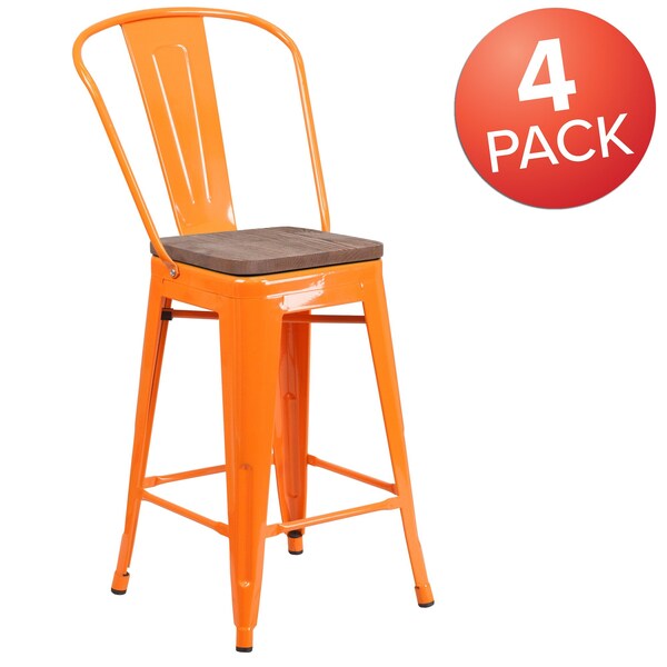 Flash Furniture Orange Metal Counter Stool, 24" - 4-CH-31320-24GB-OR-WD-GG
