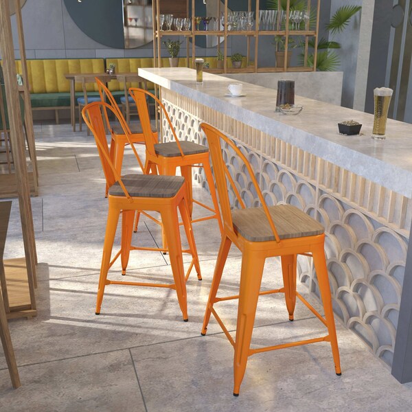 Flash Furniture Orange Metal Counter Stool, 24" - 4-CH-31320-24GB-OR-WD-GG