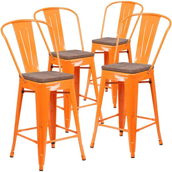 Flash Furniture Orange Metal Counter Stool, 24" - 4-CH-31320-24GB-OR-WD-GG
