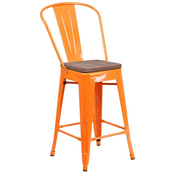 Flash Furniture Orange Metal Counter Stool, 24" - 4-CH-31320-24GB-OR-WD-GG