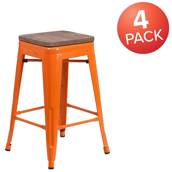 Flash Furniture Orange Metal Counter Stool, 24" - 4-CH-31320-24-OR-WD-GG
