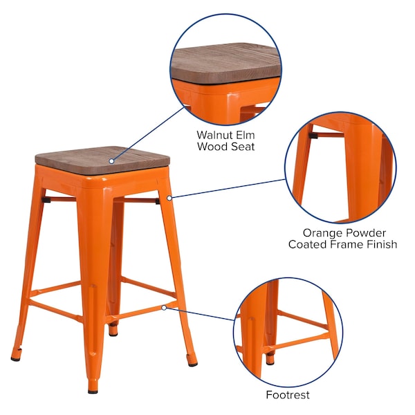 Flash Furniture Orange Metal Counter Stool, 24" - 4-CH-31320-24-OR-WD-GG