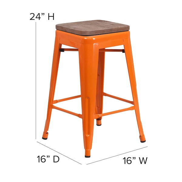 Flash Furniture Orange Metal Counter Stool, 24" - 4-CH-31320-24-OR-WD-GG