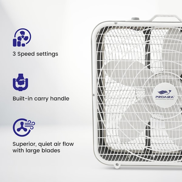 Proaira 20-inch Box Fan w/3 Speed Control and Carry Handle - BF20W