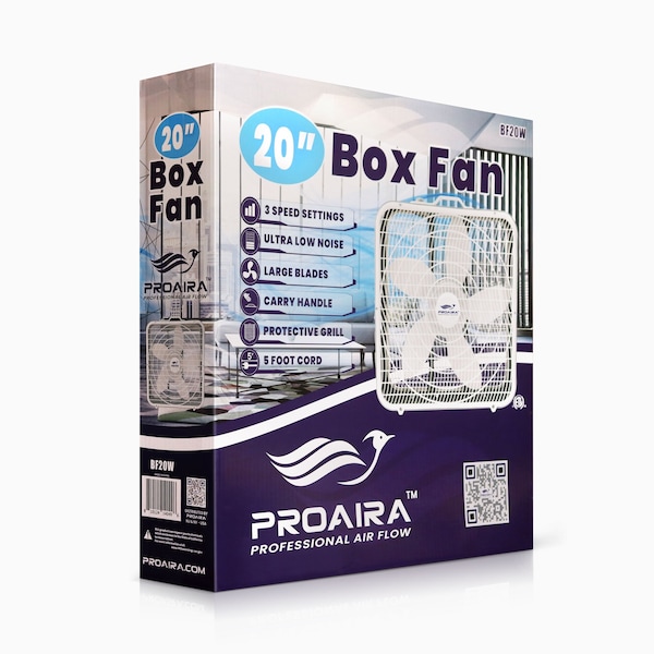 Proaira 20-inch Box Fan w/3 Speed Control and Carry Handle - BF20W