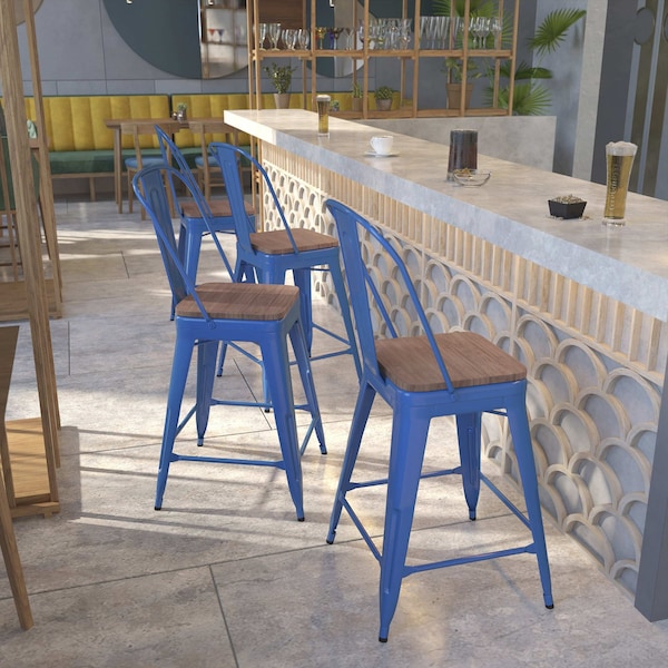 Flash Furniture High Blue Metal Counter Height Stool with Back and Wood Seat, 24" - 4-CH-31320-24GB-BL-WD-GG