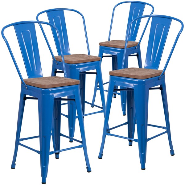 Flash Furniture High Blue Metal Counter Height Stool with Back and Wood Seat, 24" - 4-CH-31320-24GB-BL-WD-GG