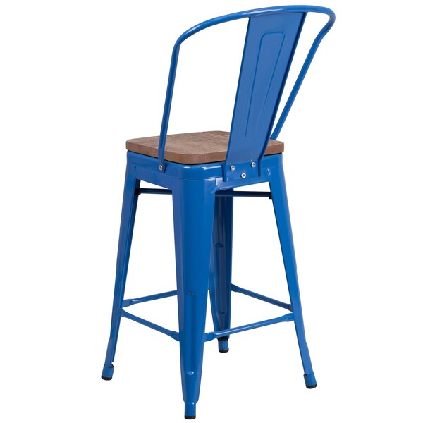 Flash Furniture High Blue Metal Counter Height Stool with Back and Wood Seat, 24" - 4-CH-31320-24GB-BL-WD-GG