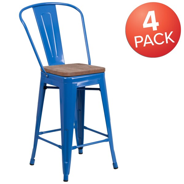 Flash Furniture High Blue Metal Counter Height Stool with Back and Wood Seat, 24" - 4-CH-31320-24GB-BL-WD-GG