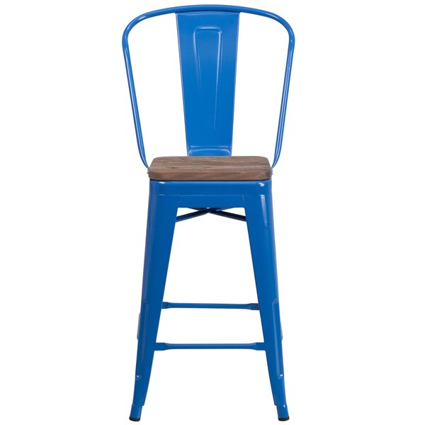 Flash Furniture High Blue Metal Counter Height Stool with Back and Wood Seat, 24" - 4-CH-31320-24GB-BL-WD-GG