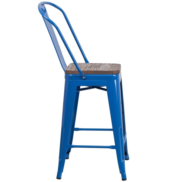 Flash Furniture High Blue Metal Counter Height Stool with Back and Wood Seat, 24" - 4-CH-31320-24GB-BL-WD-GG