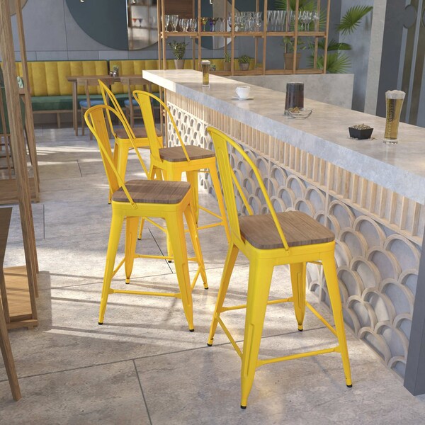 Flash Furniture Yellow Metal Counter Stool, 24" - 4-CH-31320-24GB-YL-WD-GG