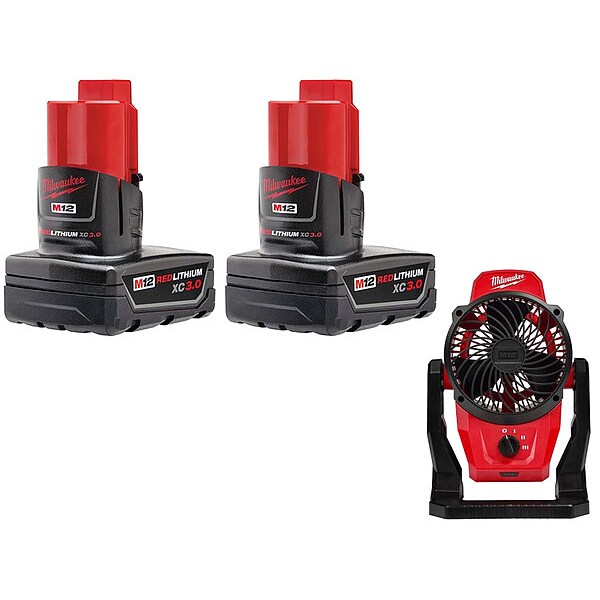 Milwaukee Tool M12 XC Battery 2PK  + M12 Mounting Fan - 48-11-2412, 0820-20