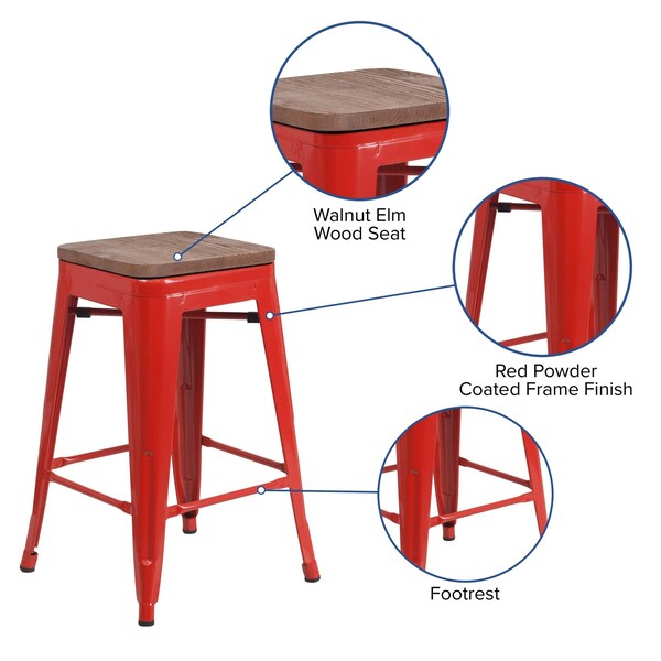 Flash Furniture Red Metal Counter Stool, 24" - 4-CH-31320-24-RED-WD-GG