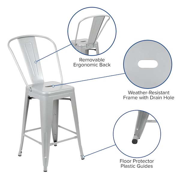 Flash Furniture 4PK 24"H Silver Metal Counter Height Stool w/Back - 4-CH-31320-24GB-SIL-GG