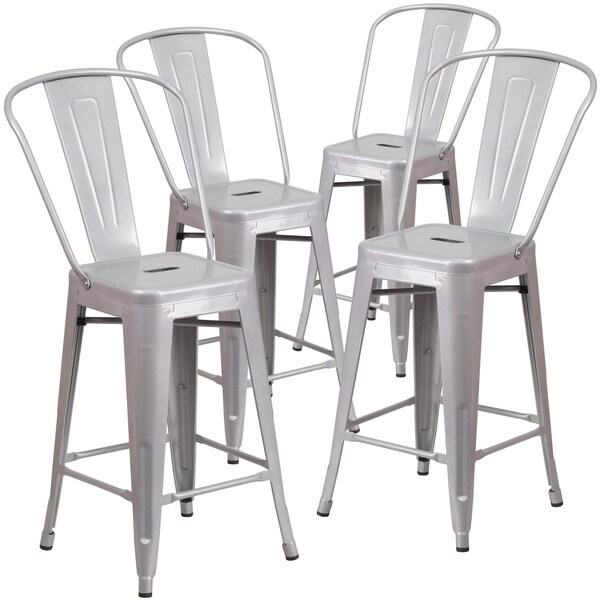 Flash Furniture 4PK 24"H Silver Metal Counter Height Stool w/Back - 4-CH-31320-24GB-SIL-GG