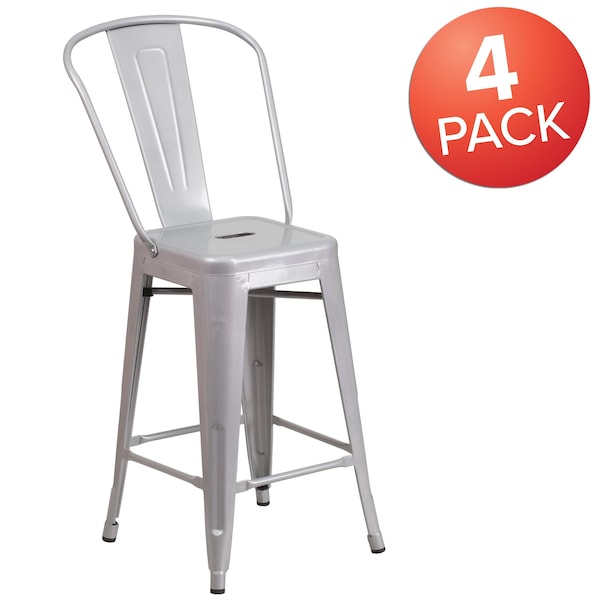 Flash Furniture 4PK 24"H Silver Metal Counter Height Stool w/Back - 4-CH-31320-24GB-SIL-GG