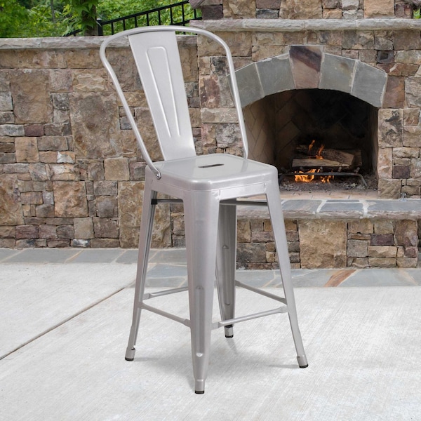 Flash Furniture 4PK 24"H Silver Metal Counter Height Stool w/Back - 4-CH-31320-24GB-SIL-GG