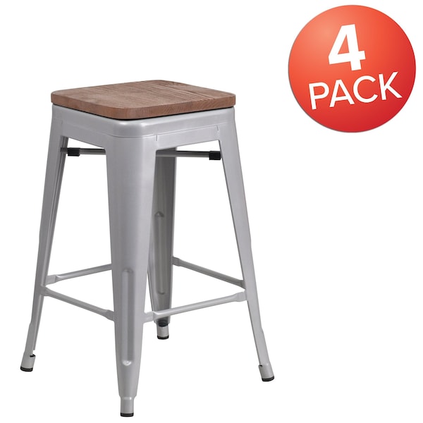 Flash Furniture Silver Metal Counter Stool, 24" - 4-CH-31320-24-SIL-WD-GG