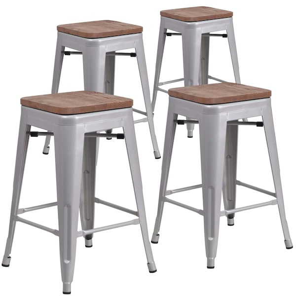 Flash Furniture Silver Metal Counter Stool, 24" - 4-CH-31320-24-SIL-WD-GG