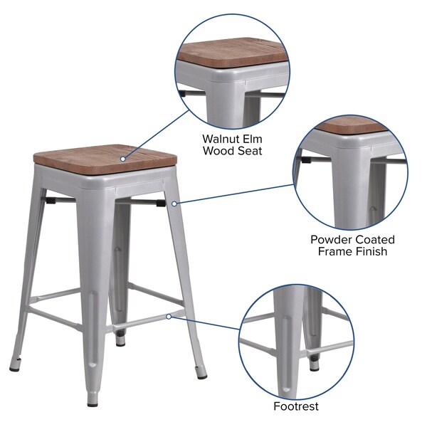 Flash Furniture Silver Metal Counter Stool, 24" - 4-CH-31320-24-SIL-WD-GG