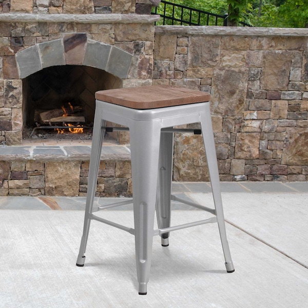 Flash Furniture Silver Metal Counter Stool, 24" - 4-CH-31320-24-SIL-WD-GG