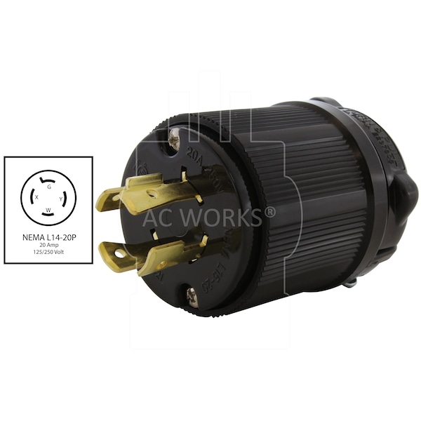 Ac Works NEMA L15-20P 3-Phase 20A 250V 4-Prong Locking Male Plug With UL, C-UL Approval in Black - ASL1520P-BK