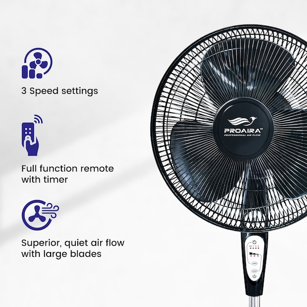 Proaira 18-inch Oscillating Pedestal Fan w/Adjustable Tilt, 3 Speed Control, Black w/ Remote - PF18RB