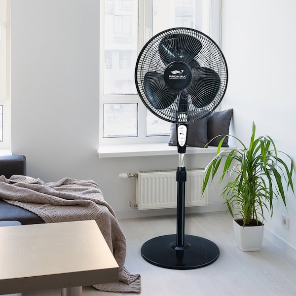 Proaira 18-inch Oscillating Pedestal Fan w/Adjustable Tilt, 3 Speed Control, Black w/ Remote - PF18RB