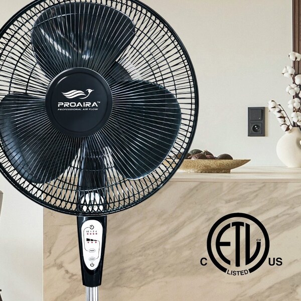 Proaira 18-inch Oscillating Pedestal Fan w/Adjustable Tilt, 3 Speed Control, Black w/ Remote - PF18RB