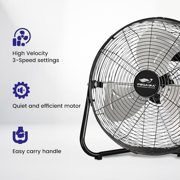 Proaira 20-inch High Velocity Cradle Floor Fan, 3 Speed Control, Black - CFHV20B
