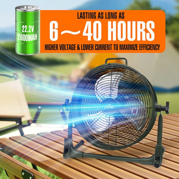 Iliving 12 in. Rechargeable Battery-Operated Camping Floor Fan, Portable Outdoor Fan with Lithium Battery - ILG8RX12