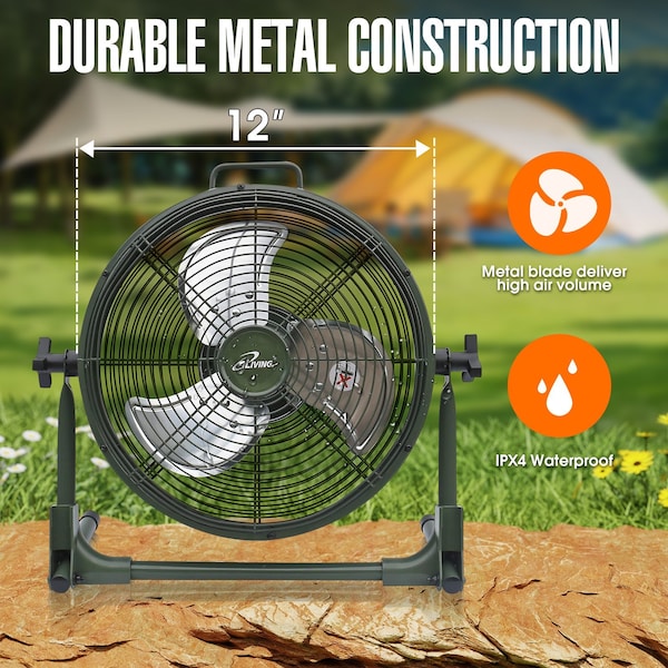 Iliving 12 in. Rechargeable Battery-Operated Camping Floor Fan, Portable Outdoor Fan with Lithium Battery - ILG8RX12