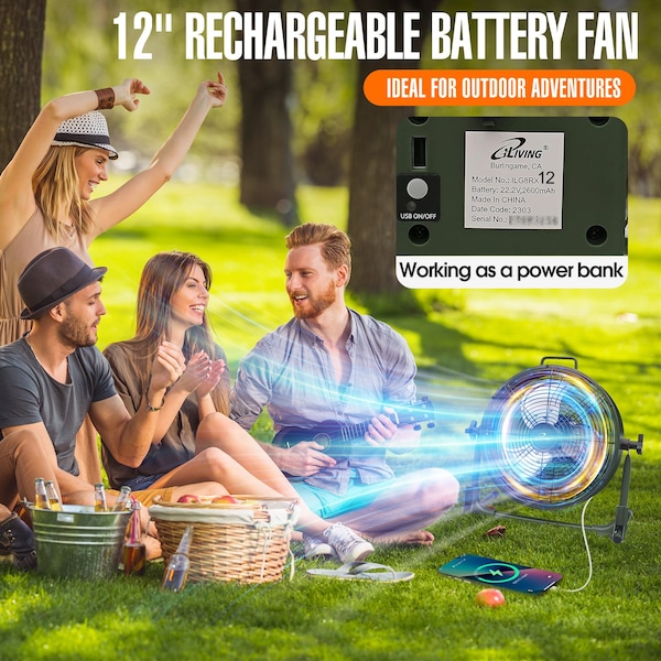 Iliving 12 in. Rechargeable Battery-Operated Camping Floor Fan, Portable Outdoor Fan with Lithium Battery - ILG8RX12