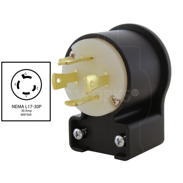 Ac Works NEMA L17-30P 3-Phase 30A 600V Elbow 4-Prong Locking Male Plug with UL, C-UL Approval - ASEL1730P