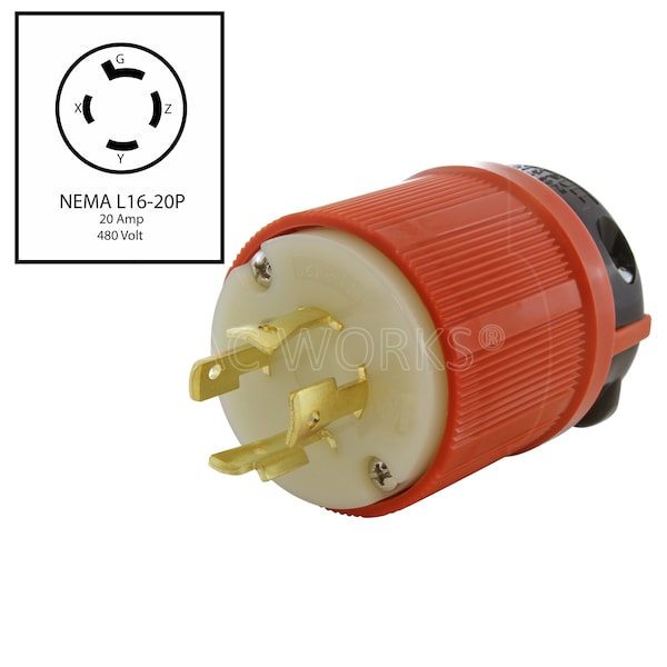 Ac Works NEMA L16-20P 3-Phase 20A 480V 4-Prong Locking Male Plug with UL, C-UL Approval in Orange - ASL1620P
