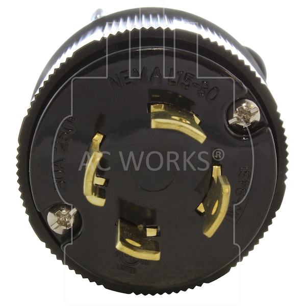 Ac Works NEMA L15-30P 3-Phase 30A 250V 4-Prong Locking Male Plug with UL, C-UL Approval in Black - ASL1530P-BK