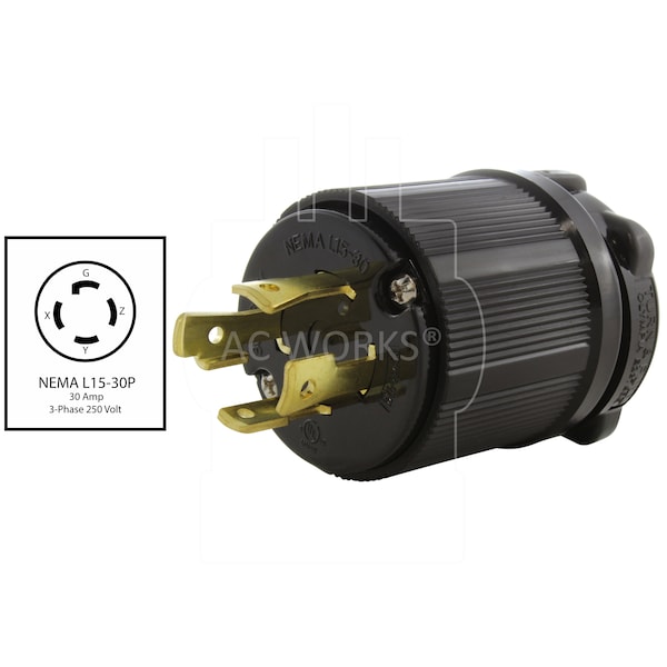 Ac Works NEMA L15-30P 3-Phase 30A 250V 4-Prong Locking Male Plug with UL, C-UL Approval in Black - ASL1530P-BK
