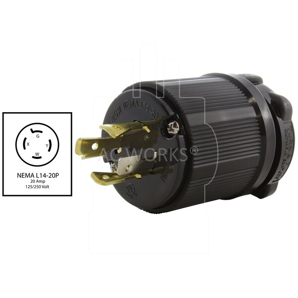 Ac Works NEMA L14-20P 20A 125/250V 4-Prong Locking Male Plug With UL, C-UL Approval in Black - ASL1420P-BK