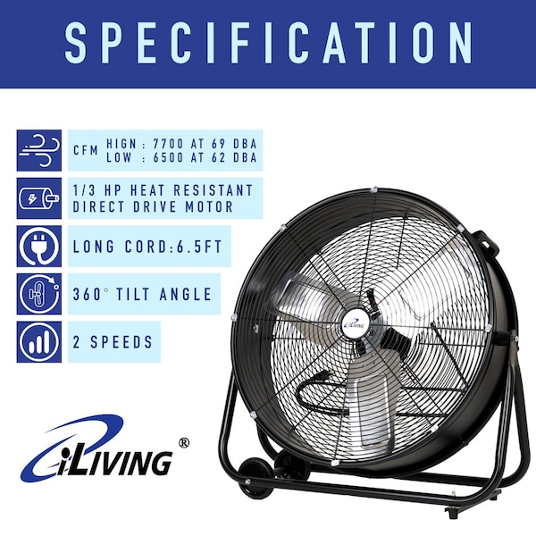Iliving High Velocity Industrial Drum Fan, 24 in Blade Dia, 120V, 7,700 cfm - ILG8MF24-77