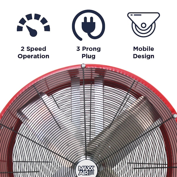 Maxx Air Barrel Air Circulator Fan, Mobile Mount, 36 in Blade Dia, 120V, 6,300/9,000 cfm, Non-Oscillating - BF36DD RED