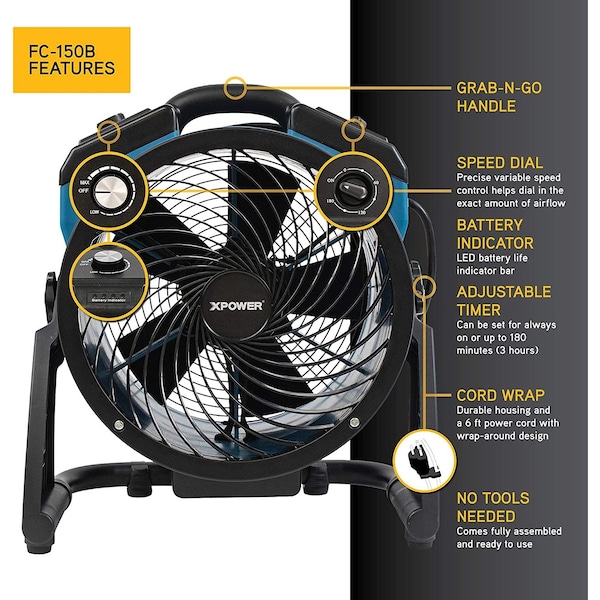 Xpower Air Circulator, 1000 CFM, Variable Speed, 11 in Sealed Brushless DC Motor, Rechargeable AC/DC - FC-150B