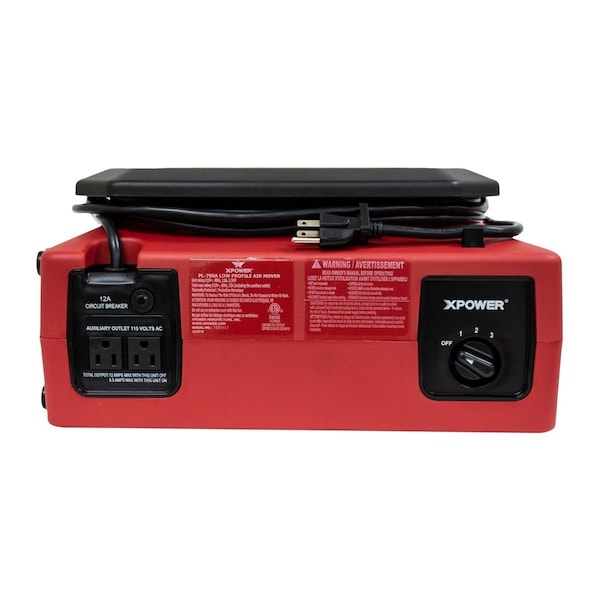 Xpower 0.33 HP 1050 CFM 3-Speed Low Profile Air Mover, Floor Fan w/Built-in Power Outlets, Red - XP626291